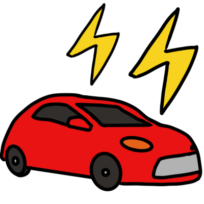 a red car with two lightning-bolt electricity symbols above it.